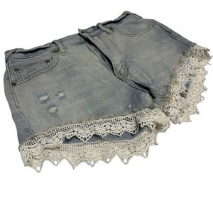 Free People Boho Jean Shorts with White Lace Embroidered Trim Festival Country